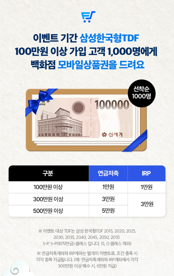 이벤트 기간 삼성한국형TDF 100만원 이상 가입 고객 1000명에게 백화점 모바일상품권을 드려요 						선착순 1000명 						※ 이벤트 대상 TDF는 삼성 한국형TDF 2015, 2020, 2025, 2030, 2035, 2040, 2045, 2050, 2055 S-P, S-P(퇴직연금) 클래스 입니다. (S, O 클래스 제외) 						※ 연금저축계좌와 IRP계좌는 별개의 이벤트로, 조건 충족 시 각각 중복 지급됩니다. (예: 연금저축계좌와 IRP계좌에서 각각 300만원 이상 매수 시, 6만원 지급) 						