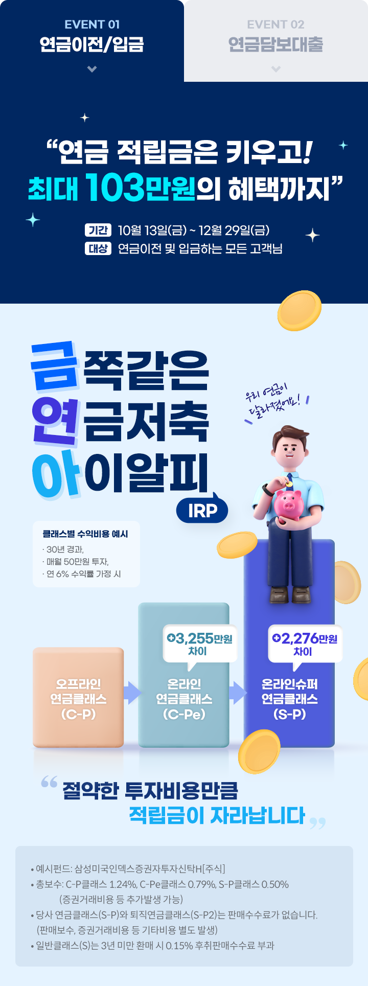 연금이전/입금 EVENT 1 						“연금 적립금은 키우고! 최대 103만원의 혜택까지” 						기간 10월 13일(금) ~ 12월 29일(금) 						대상 연금이전 및 입금하는 모든 고객님 				 						금쪽같은 연금저축 아이알피 						클래스별 수익비용 예시 						30년 경과, 						매월 50만원 투자, 						연 6% 수익률 가정 시 						오프라인연금클래스(C-P) 						온라인 연금클래스(C-Pe) 						온라인연금클래스(S-P) 						절약한 투자비용만큼 적립금이 자라납니다 						예시펀드: 삼성미국인텍스증권자투자신탁H[주식] 						총보수: C-P클래스 1.24%, C-Pe글래스 0.79%, S-P클래스 0,50%(증권거래비용 등 추가발생 가능) 						당사 연금클래스(S-P)와 퇴직연금클래스(S-P2)는 판매수수료가 없습니다.(판매보수, 증권거래비용 등 기타비용 별도 발생) 						일반클래스(S)는 3년 미만 환매 시 0.15% 후취판매수수료 부과